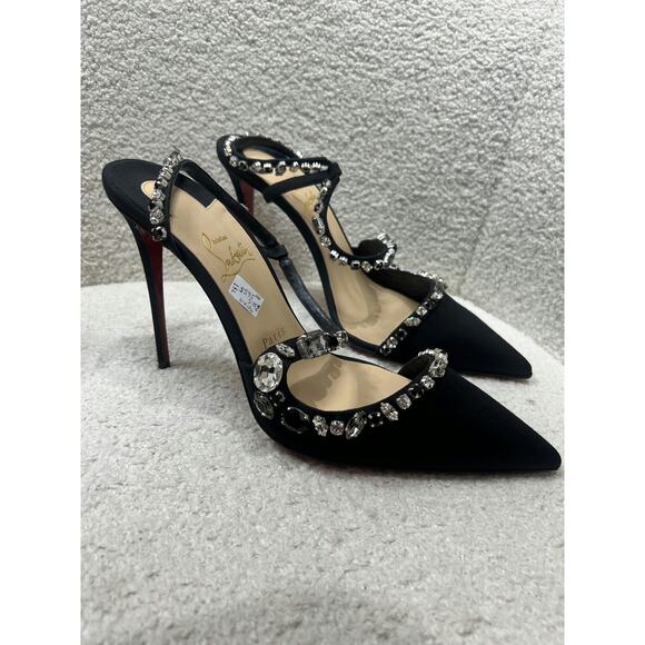 Christian Louboutin Black Satin Strass Pointed Toe Heels Size 41 - Picture 5 of 7